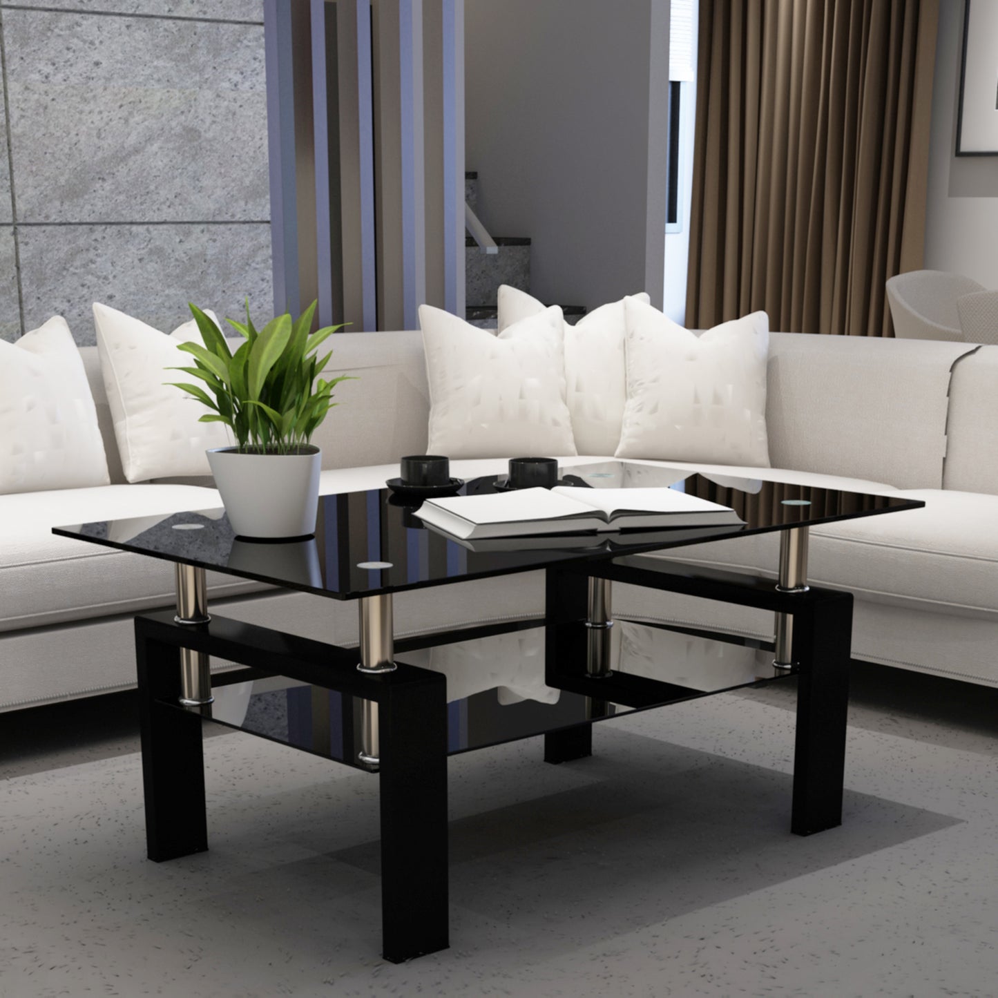 rectangle black glass coffee table