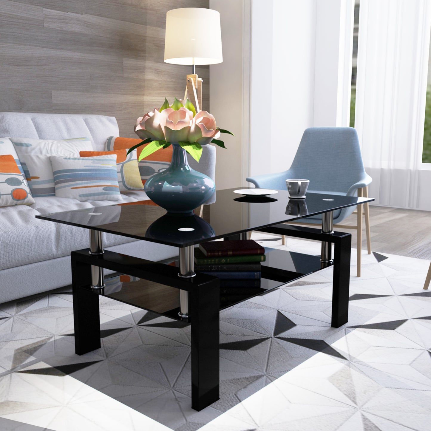 rectangle black glass coffee table
